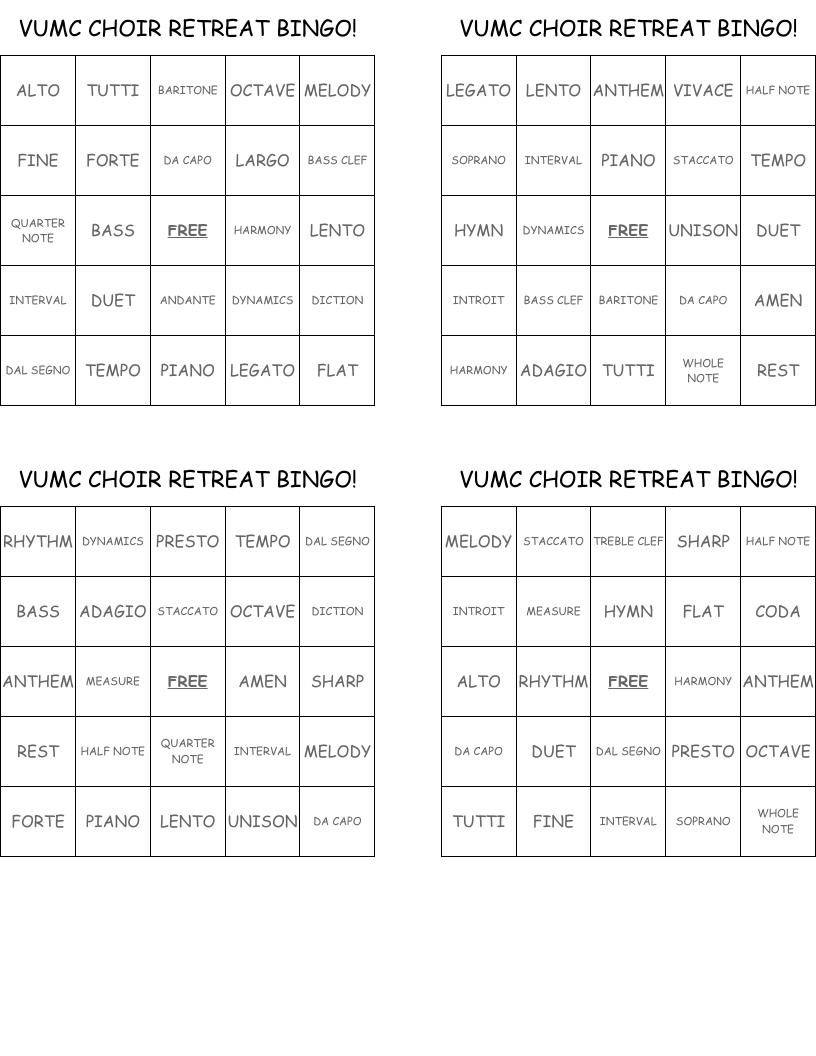 VUMC CHOIR RETREAT BINGO!