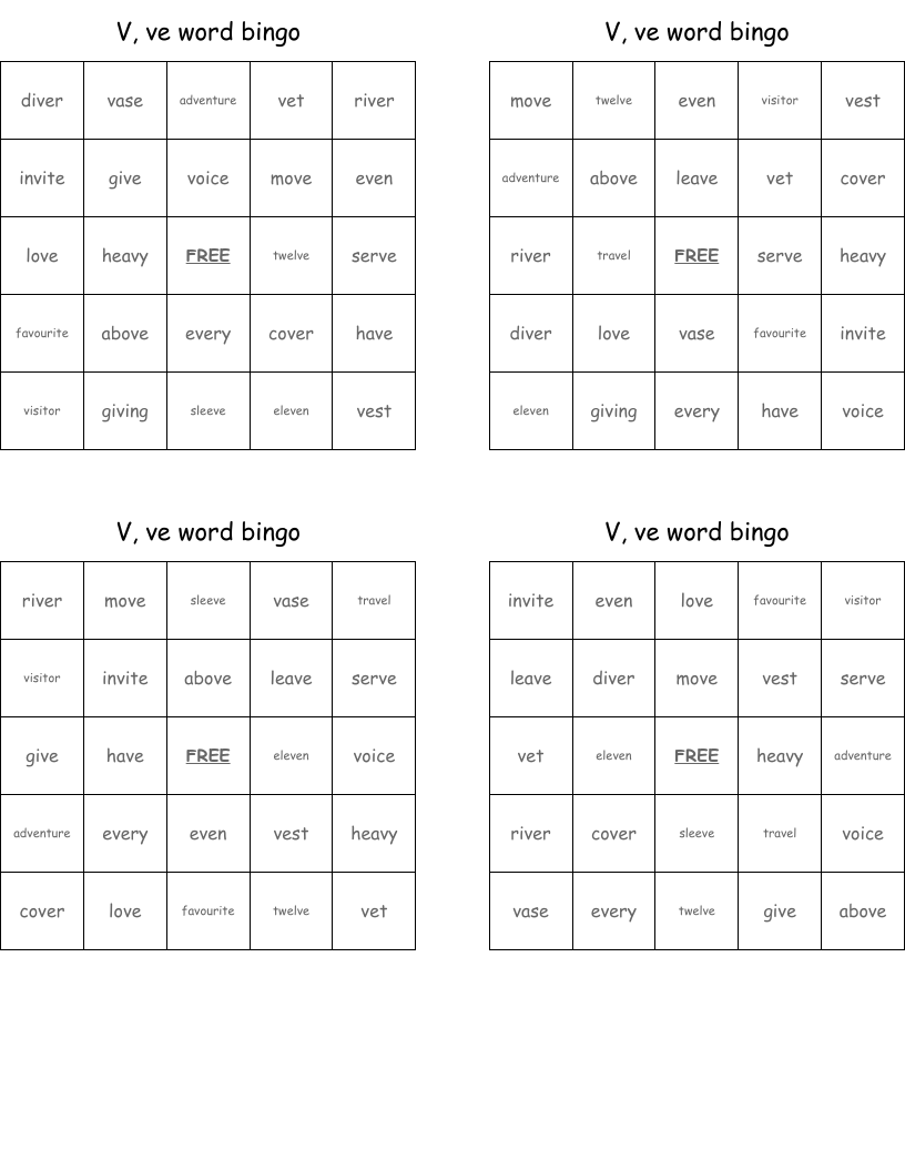 V, ve word bingo