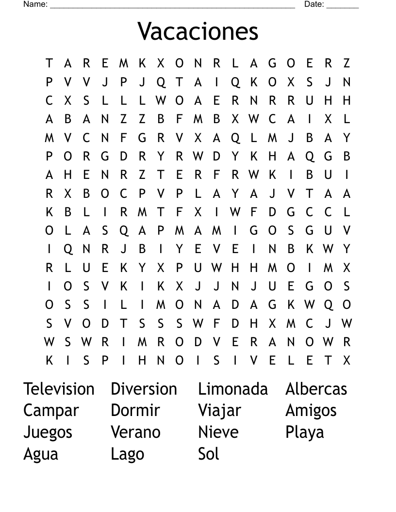 Vacaciones Word Search