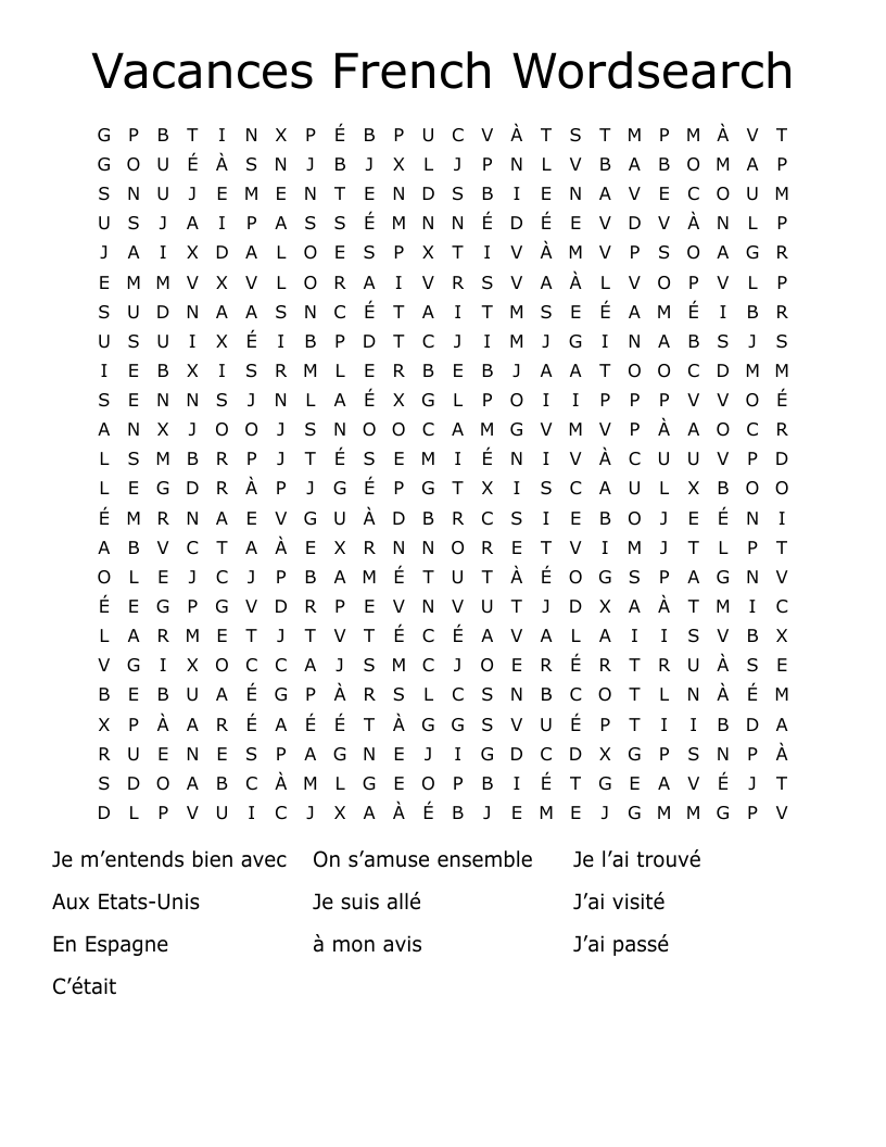 Vacances French Wordsearch