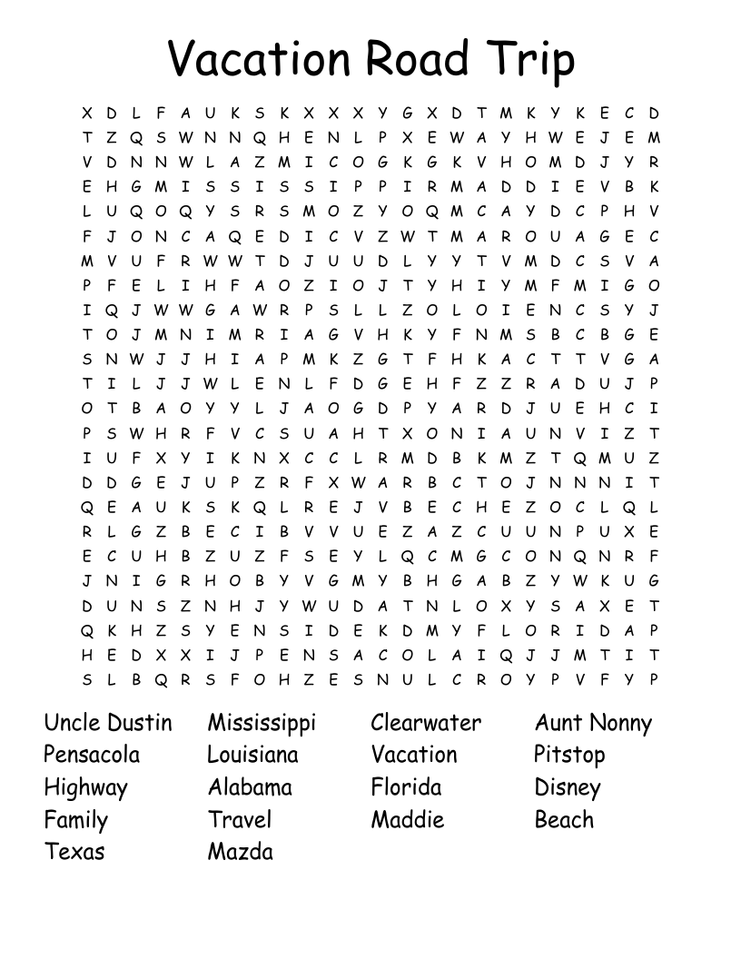 Vacation Road Trip Word Search