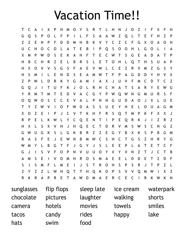 Vacation Time!! Word Search