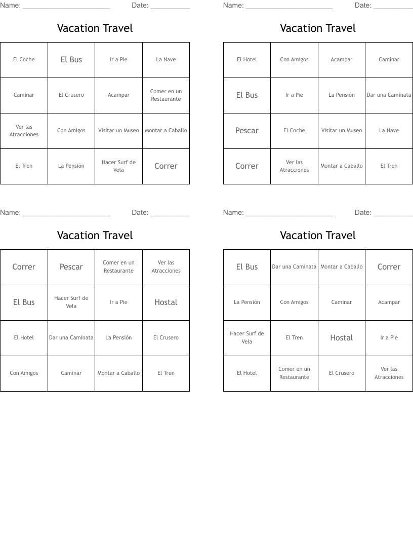 Vacation Travel Bingo Cards