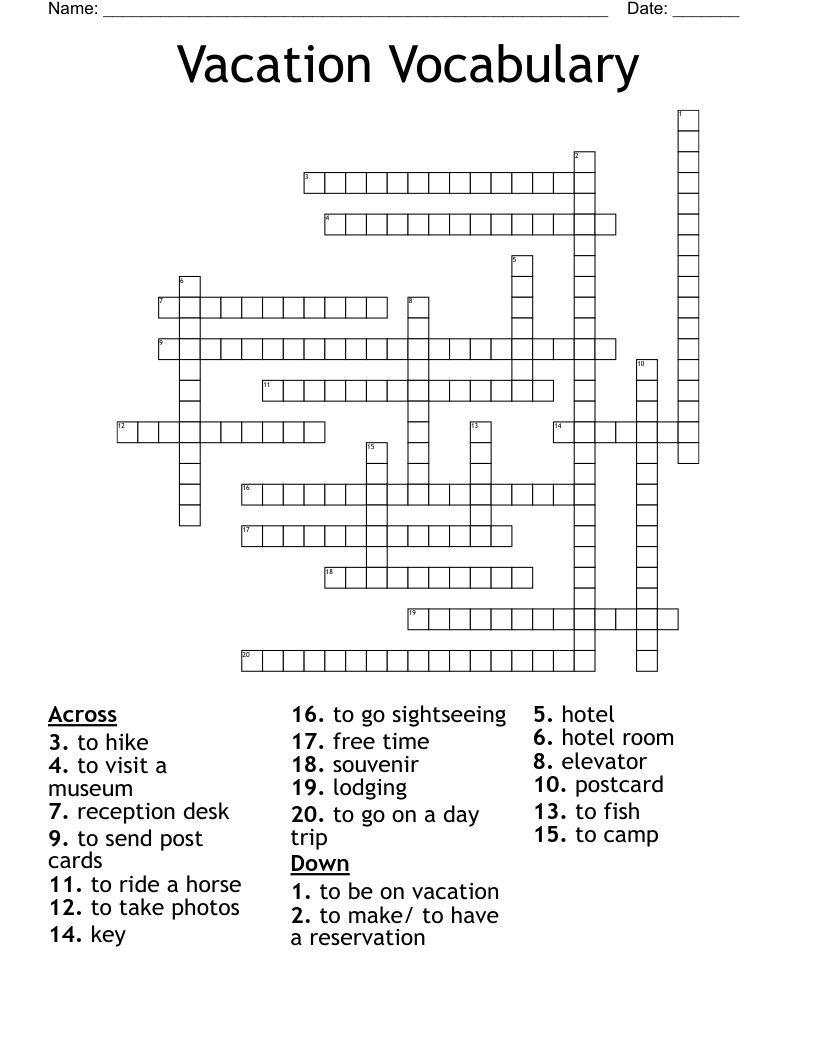 Vacation Vocabulary  Crossword