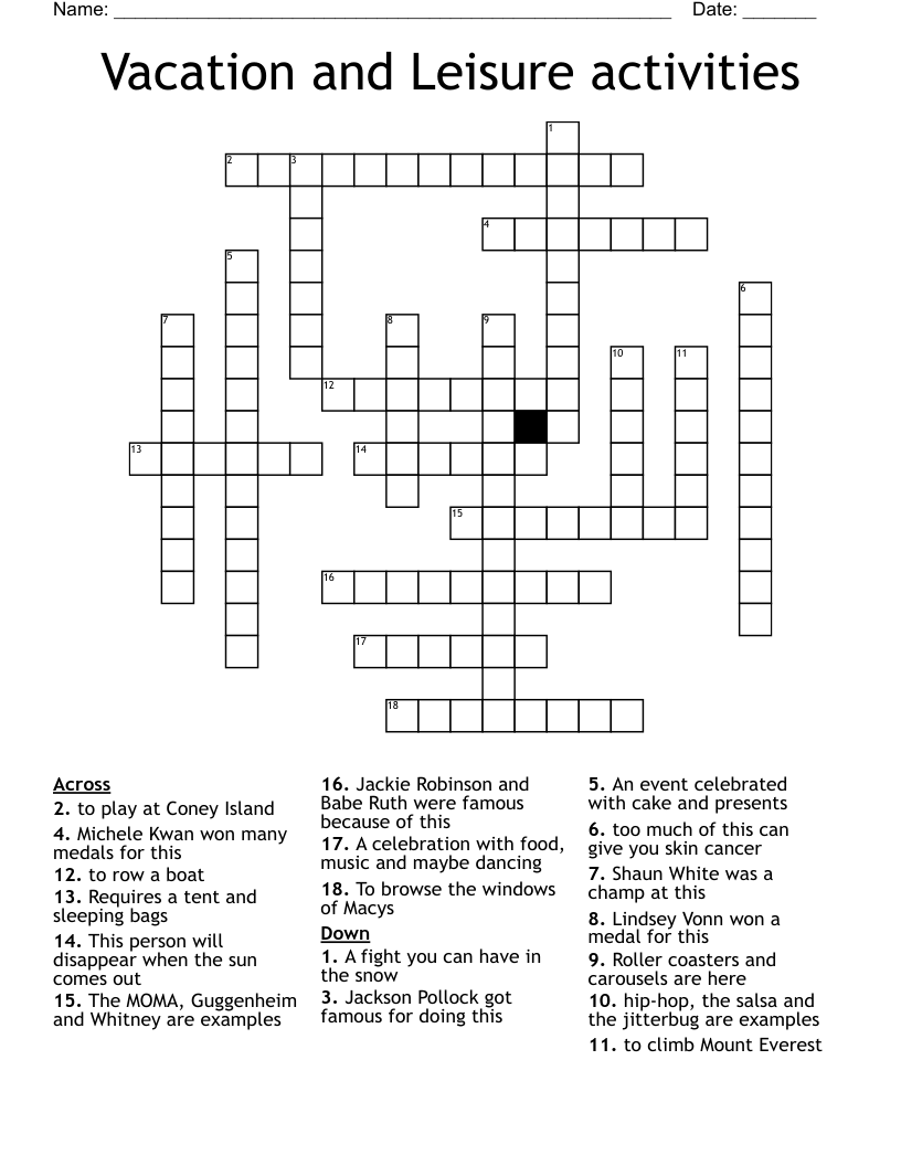 Vacation and Leisure activities  Crossword