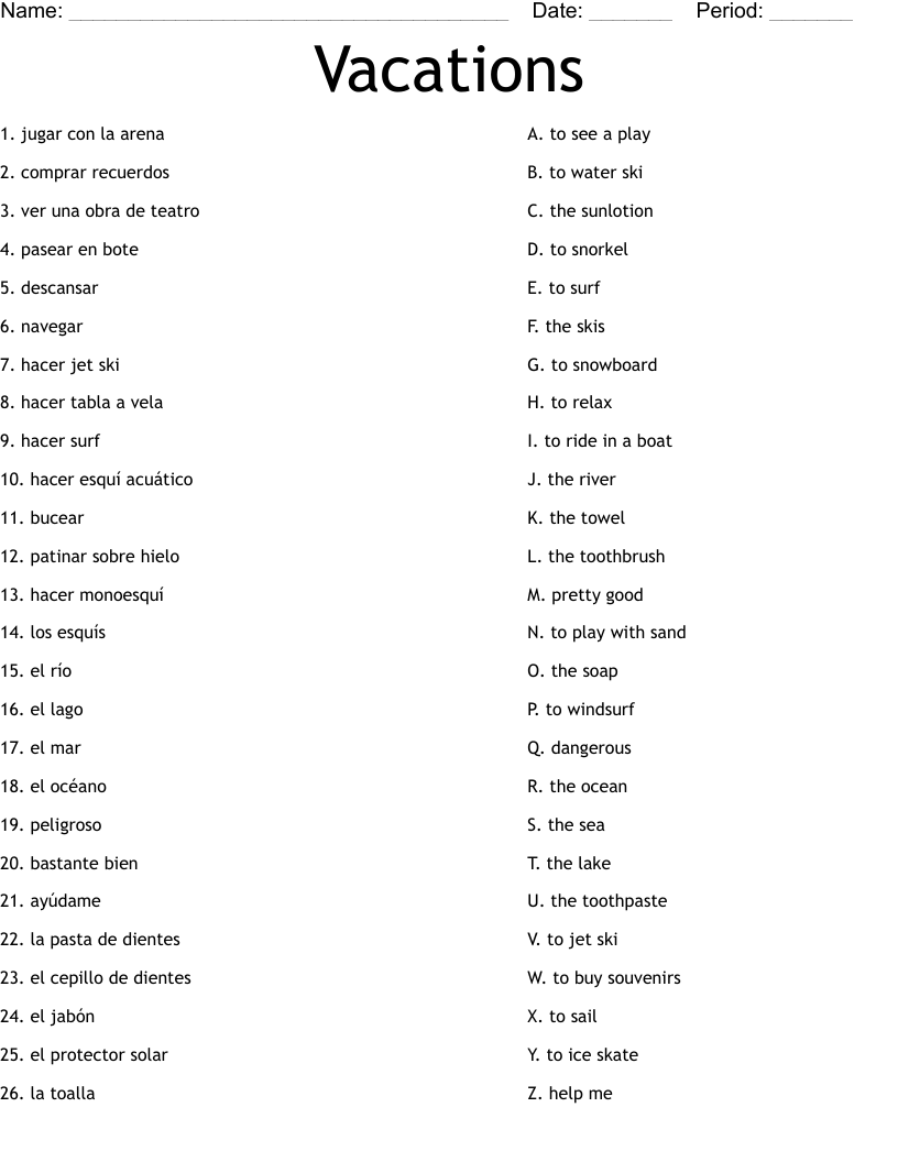 Vacations Worksheet