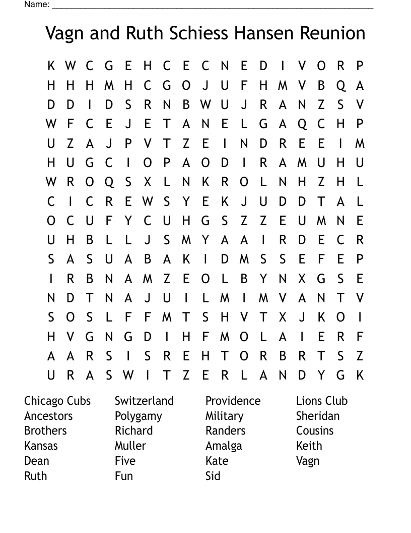 Vagn and Ruth Schiess Hansen Reunion  Word Search