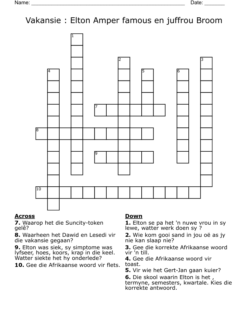 Vakansie : Elton Amper famous en juffrou Broom Crossword