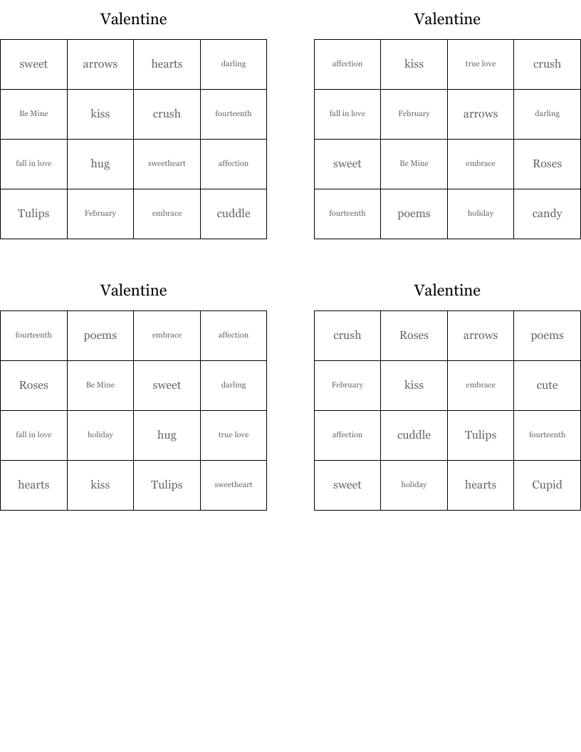 Valentine Bingo Cards