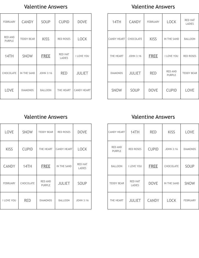 Valentine Answers Bingo Cards