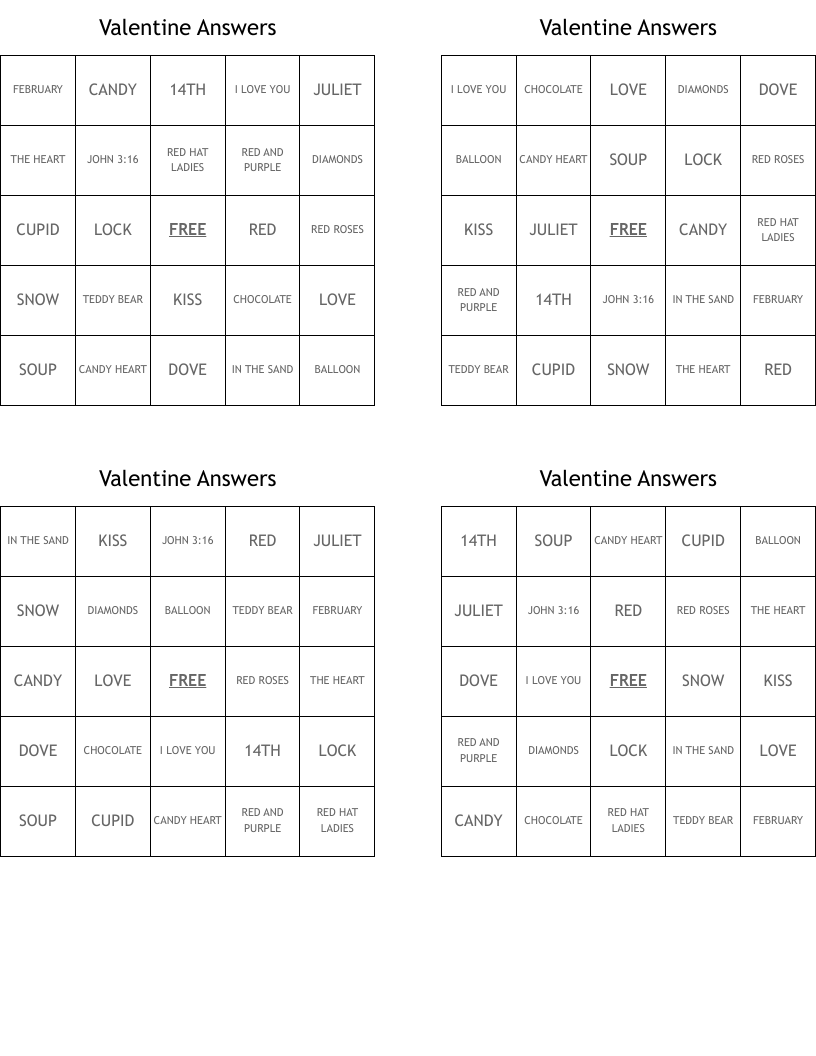 Valentine Answers Bingo Cards