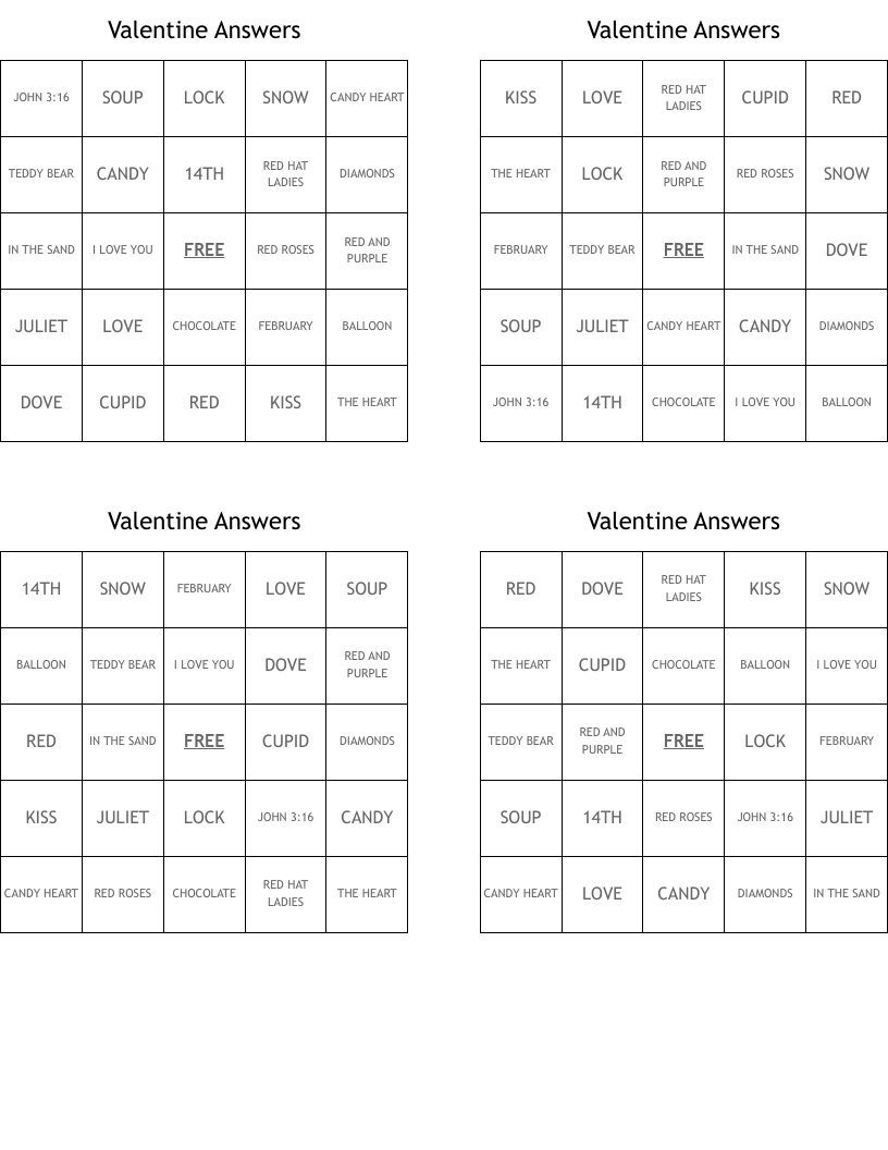 Valentine Answers Bingo Cards