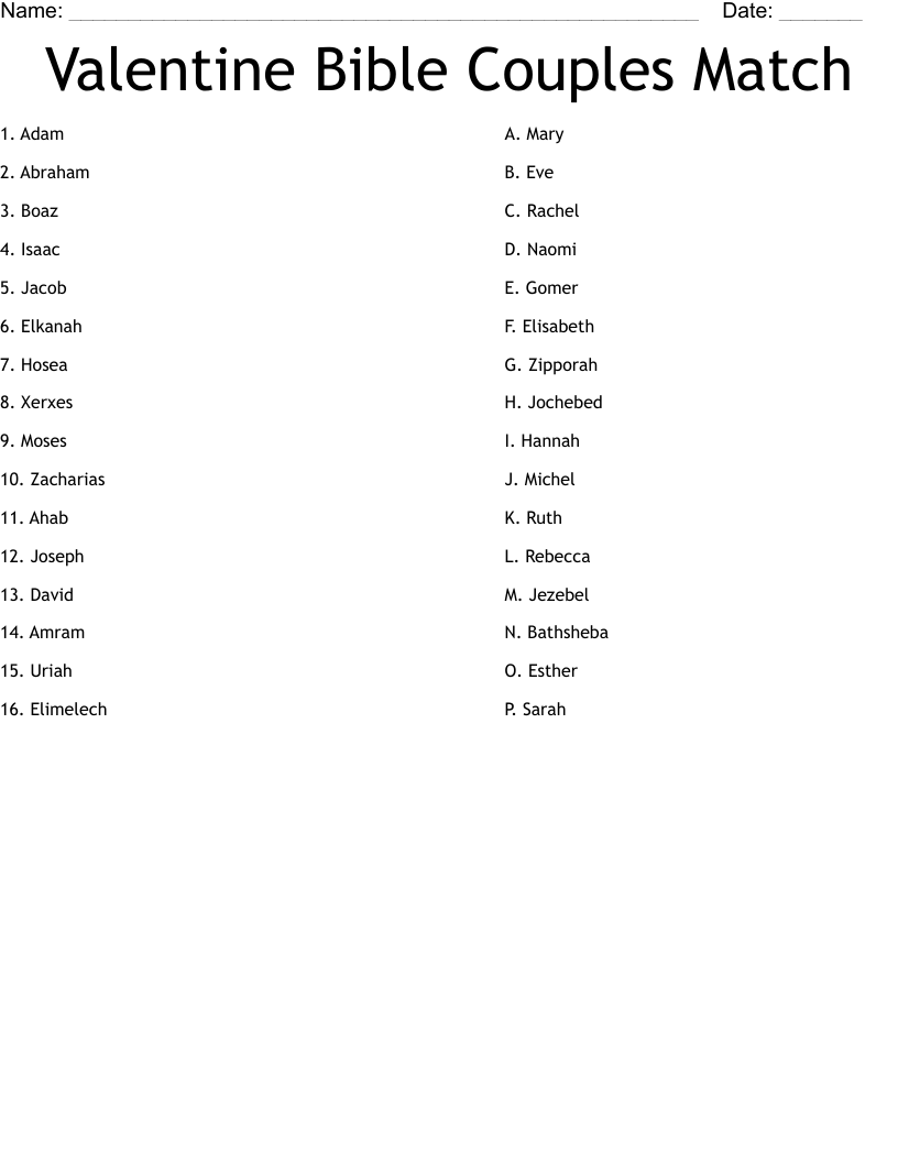 Valentine Bible Couples Match Worksheet