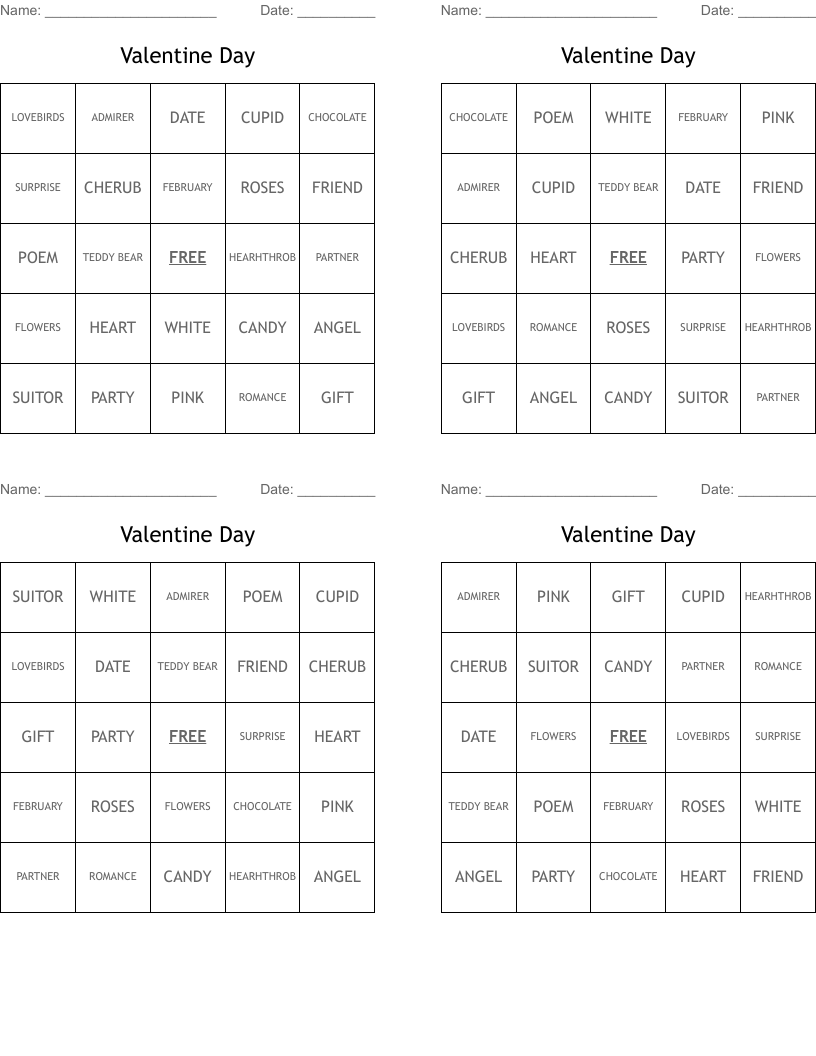 Valentine Day Bingo Cards