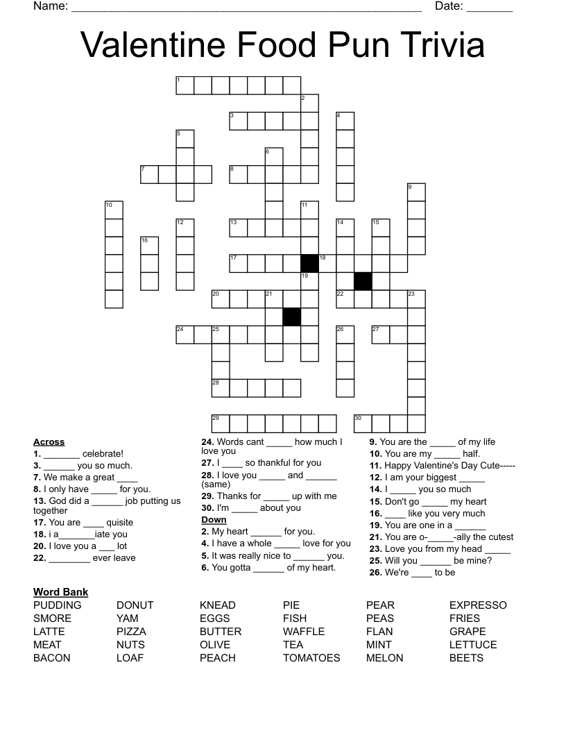Valentine Food Pun Trivia Crossword