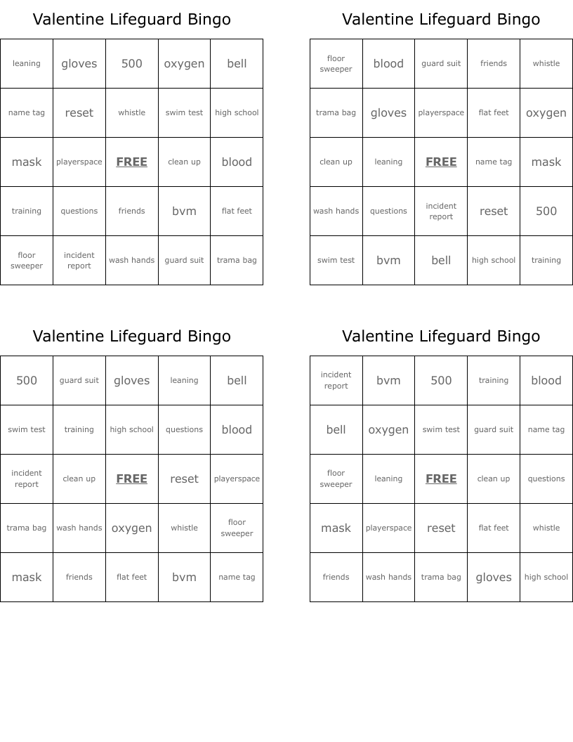 Valentine Lifeguard Bingo