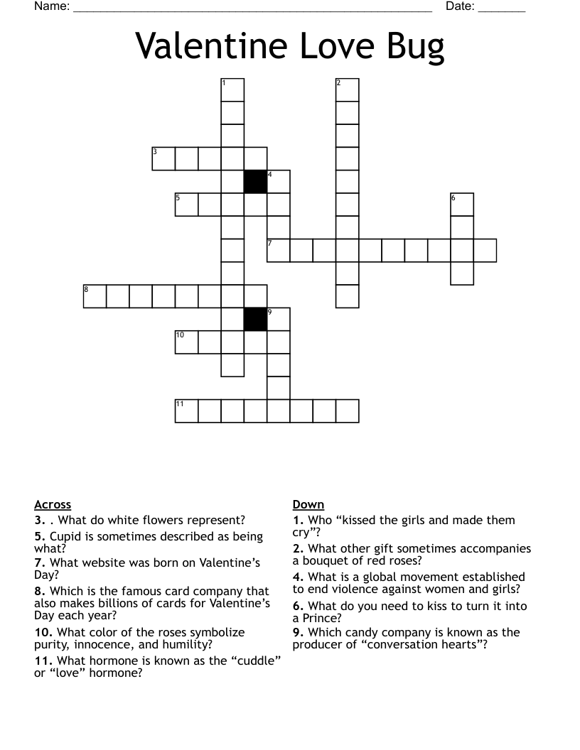 Valentine Love Bug Crossword