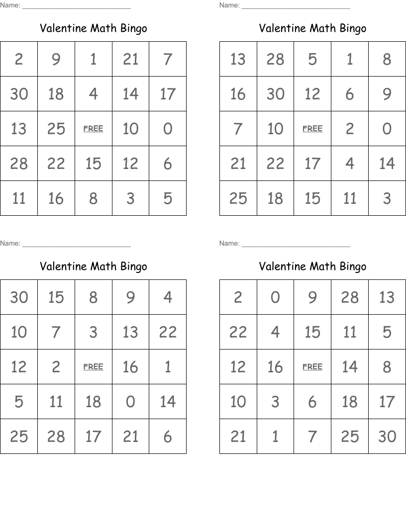 Valentine Math Bingo