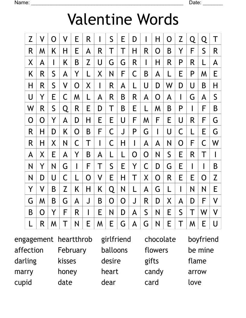 Valentine Words Word Search