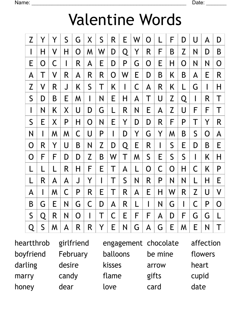 Valentine Words Word Search