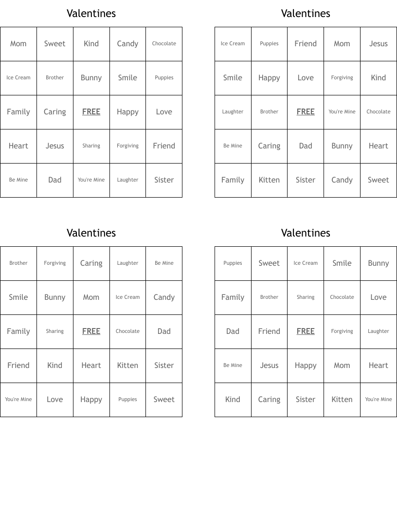 Valentines Bingo Cards