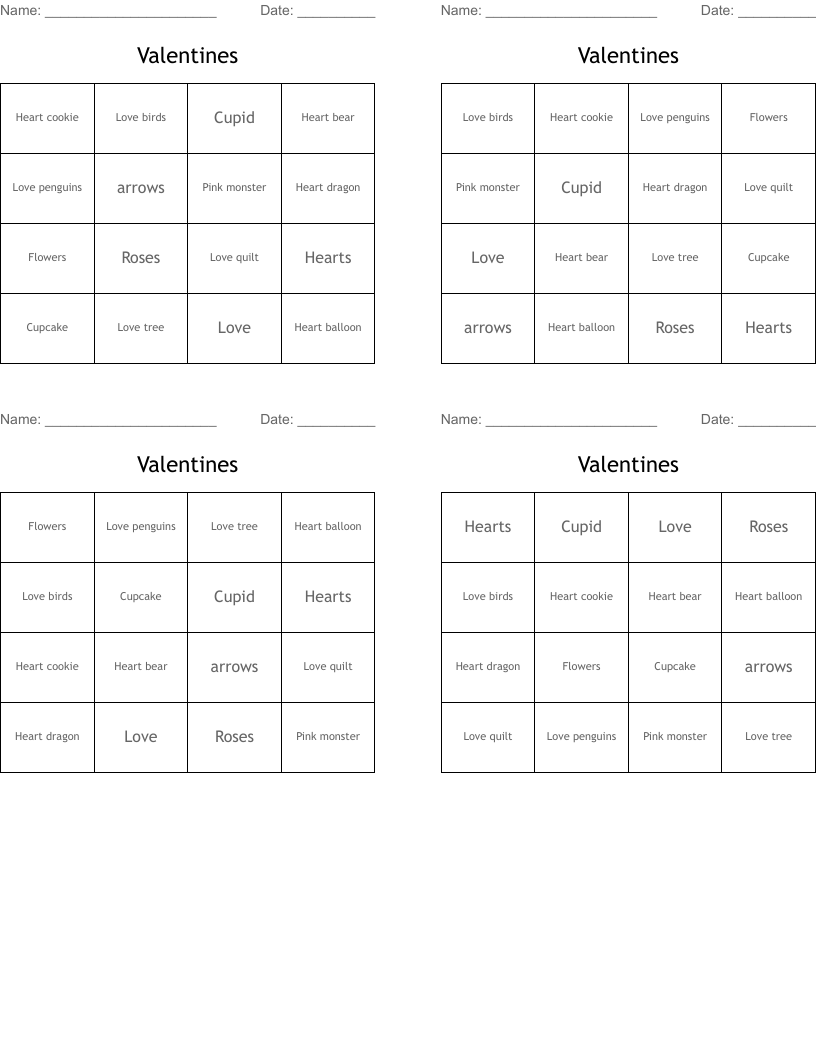 Valentines Bingo Cards