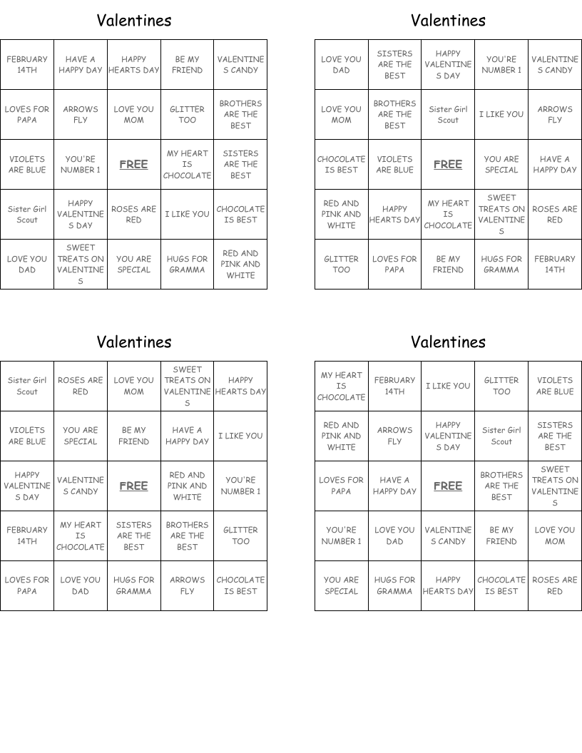 Valentines Bingo Cards