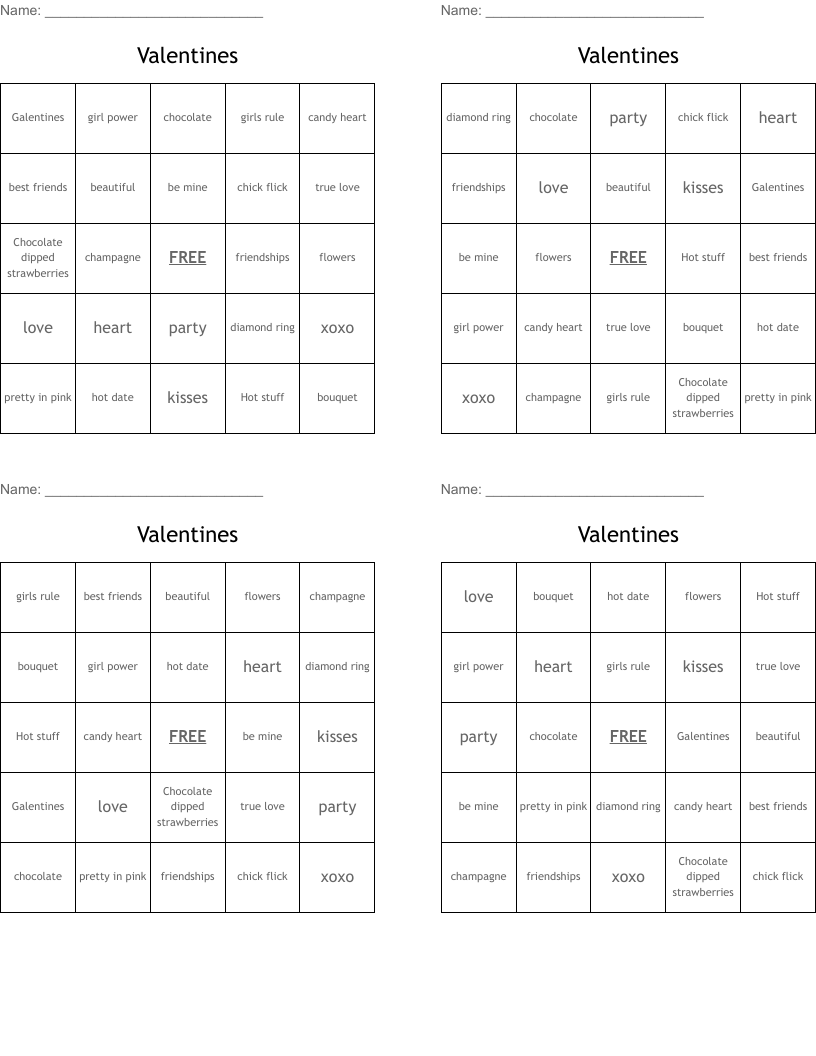 Valentines Bingo Cards