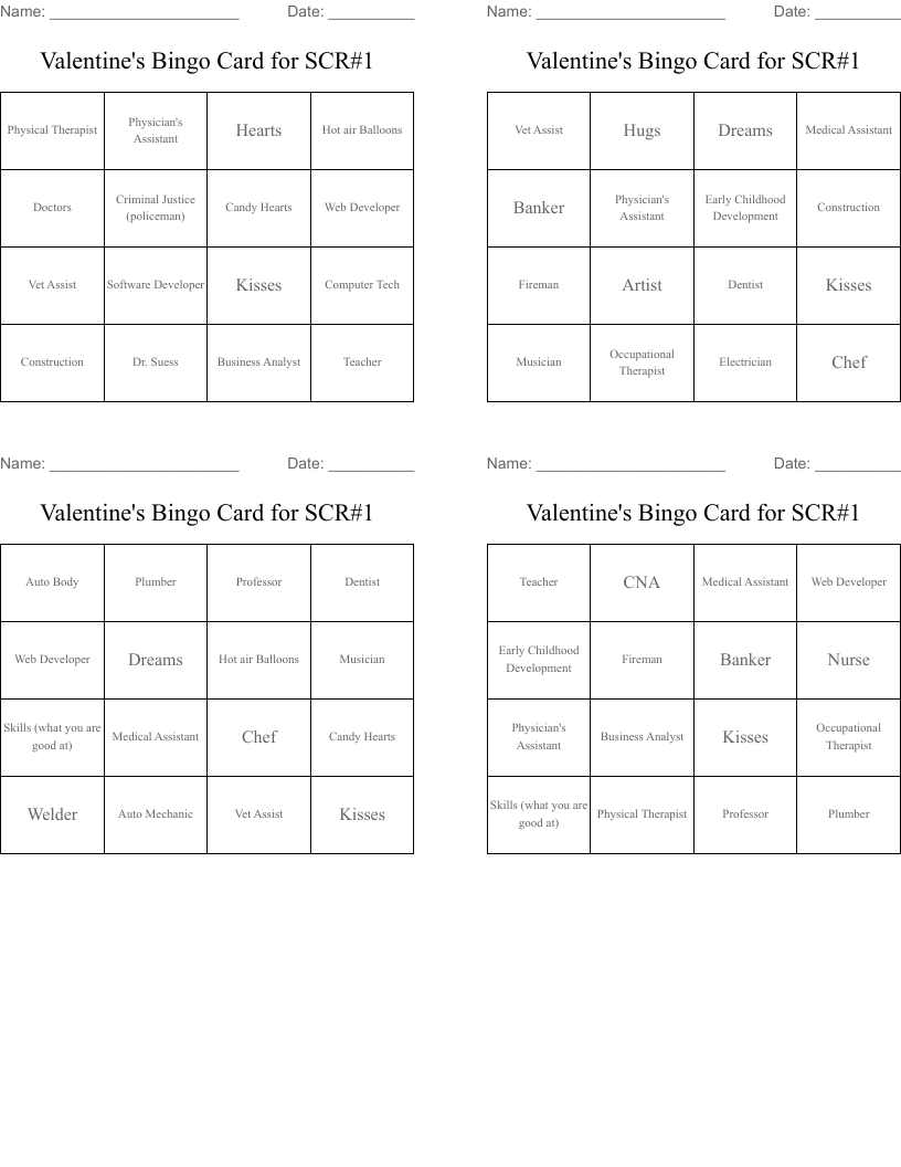 Valentine's Bingo Card for SCR#1