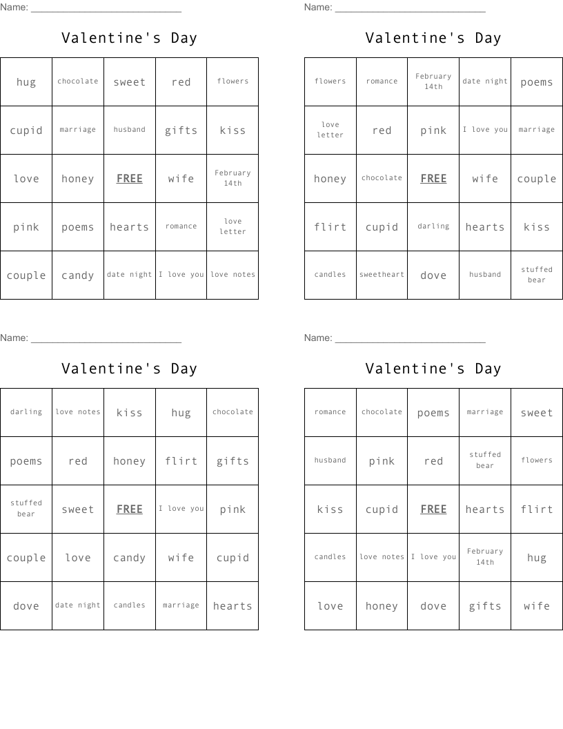 Valentine's Day Bingo Cards