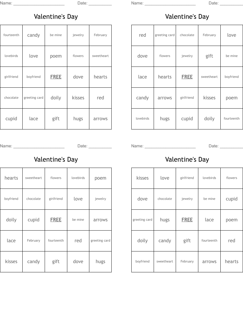 Valentine's Day Bingo Cards