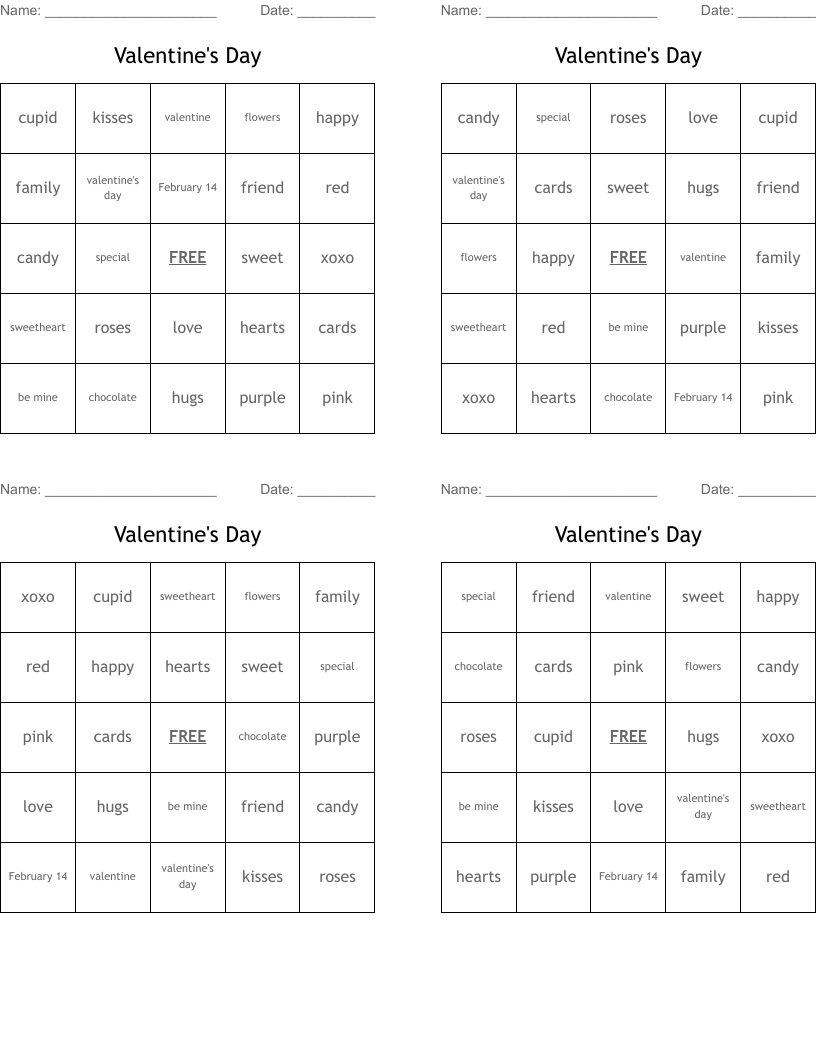 Valentine's Day Bingo Cards