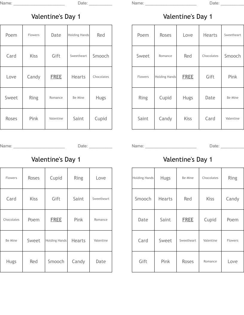 Valentine's Day 1 Bingo Cards