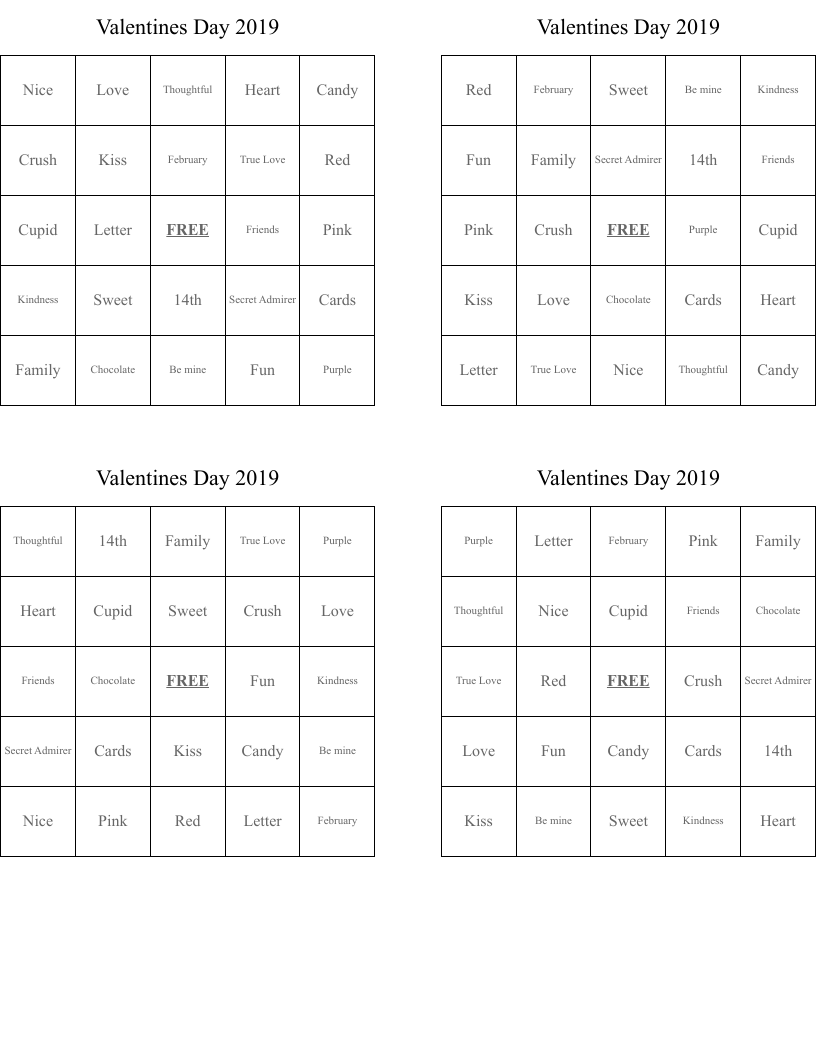 Valentines Day 2019 Bingo Cards