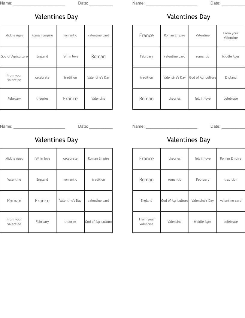 Valentines Day Bingo Cards
