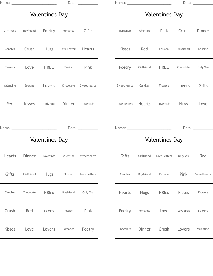 Valentines Day Bingo Cards