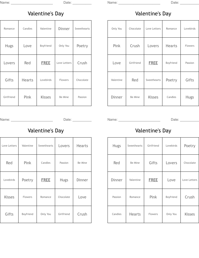 Valentine's Day Bingo Cards