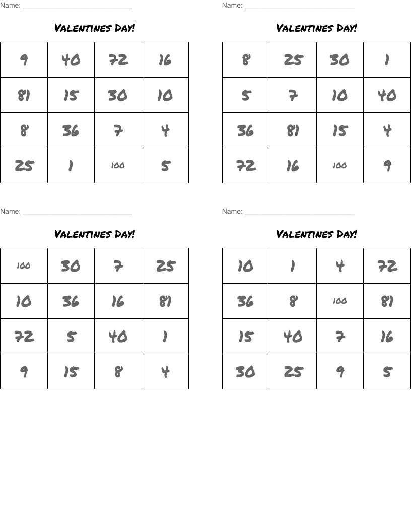 Valentines Day! Bingo Cards