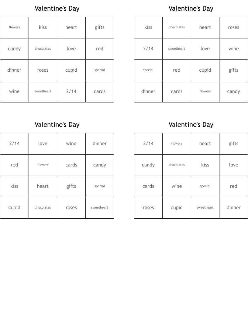 Valentine's Day Bingo Cards