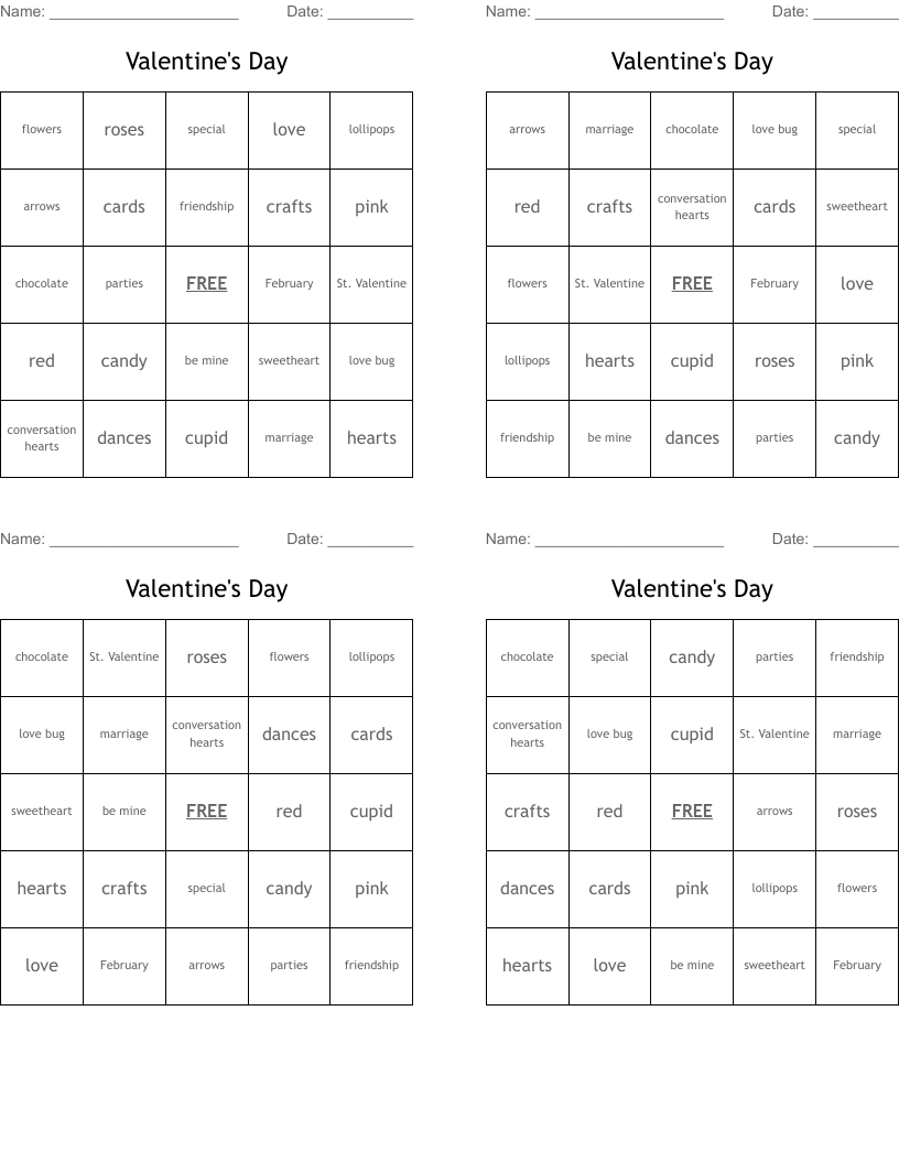 Valentine's Day Bingo Cards