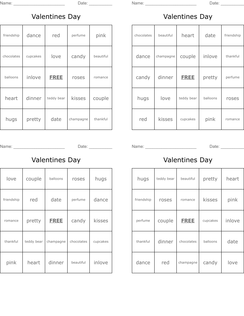 Valentines Day Bingo Cards