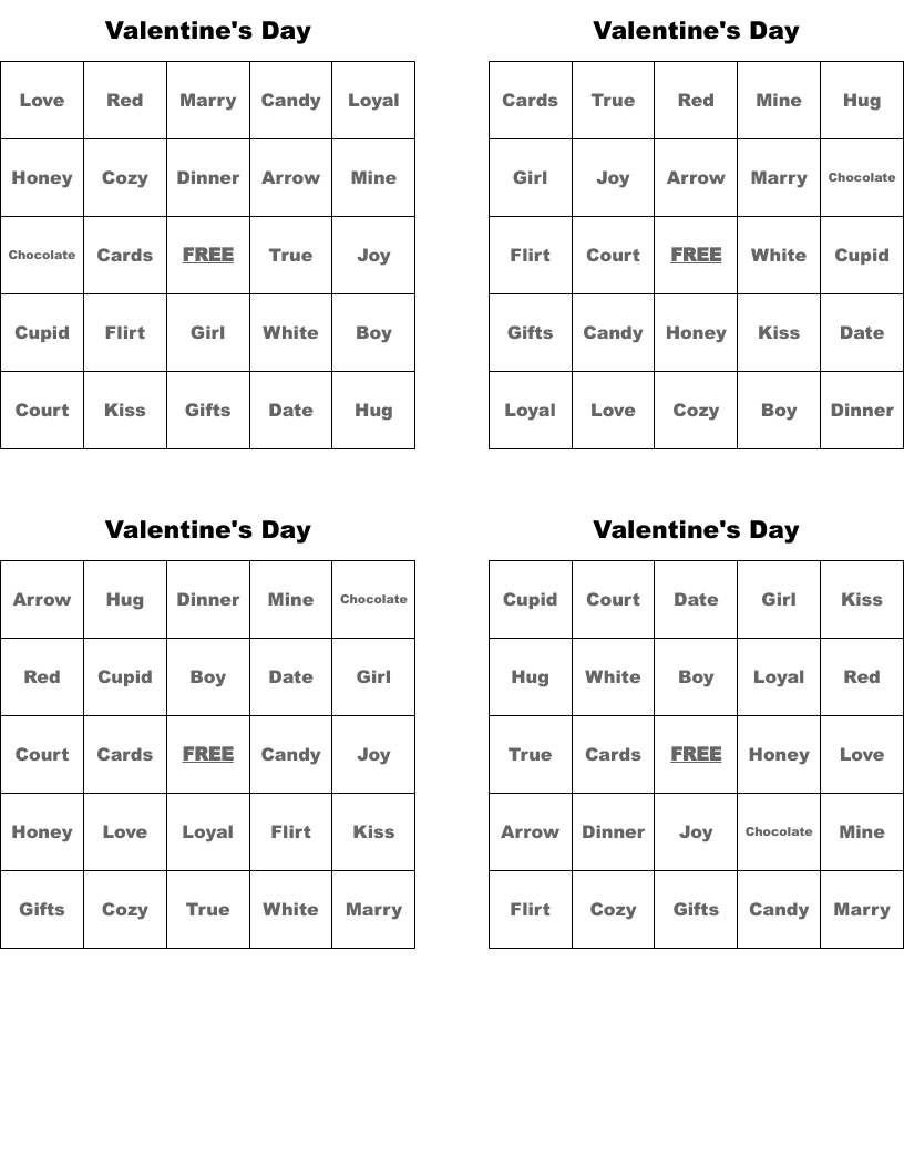 Valentine's Day Bingo Cards