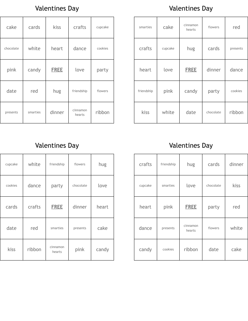Valentines Day Bingo Cards