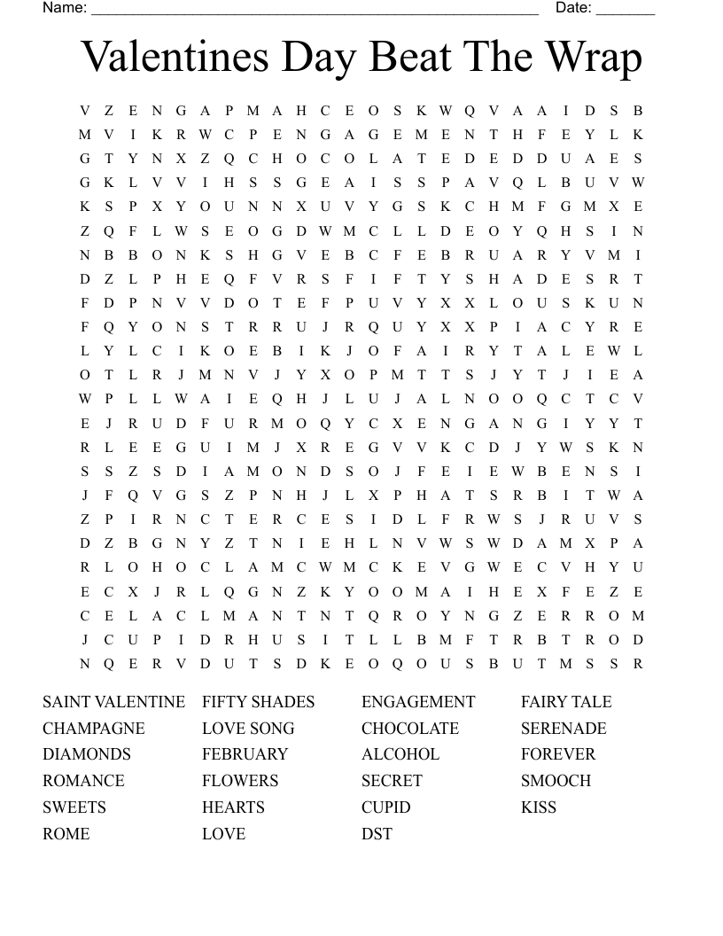 Valentines Day Beat The Wrap Word Search