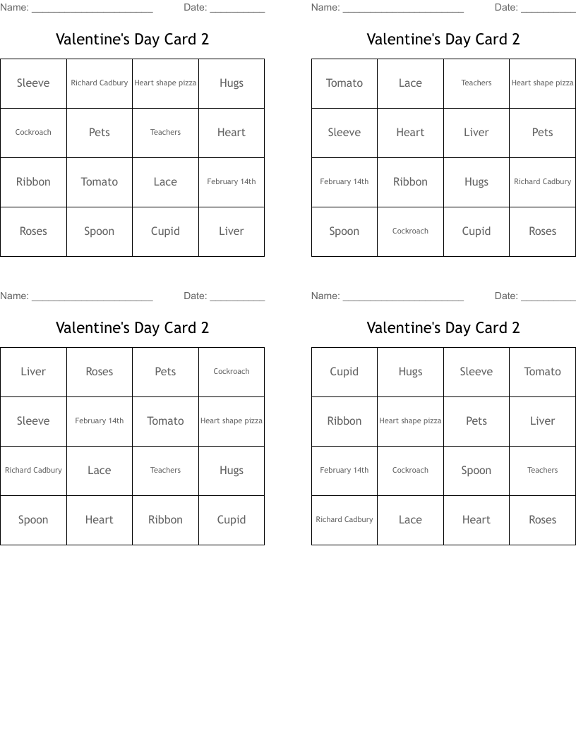 Valentine's Day Card 2 Bingo Cards