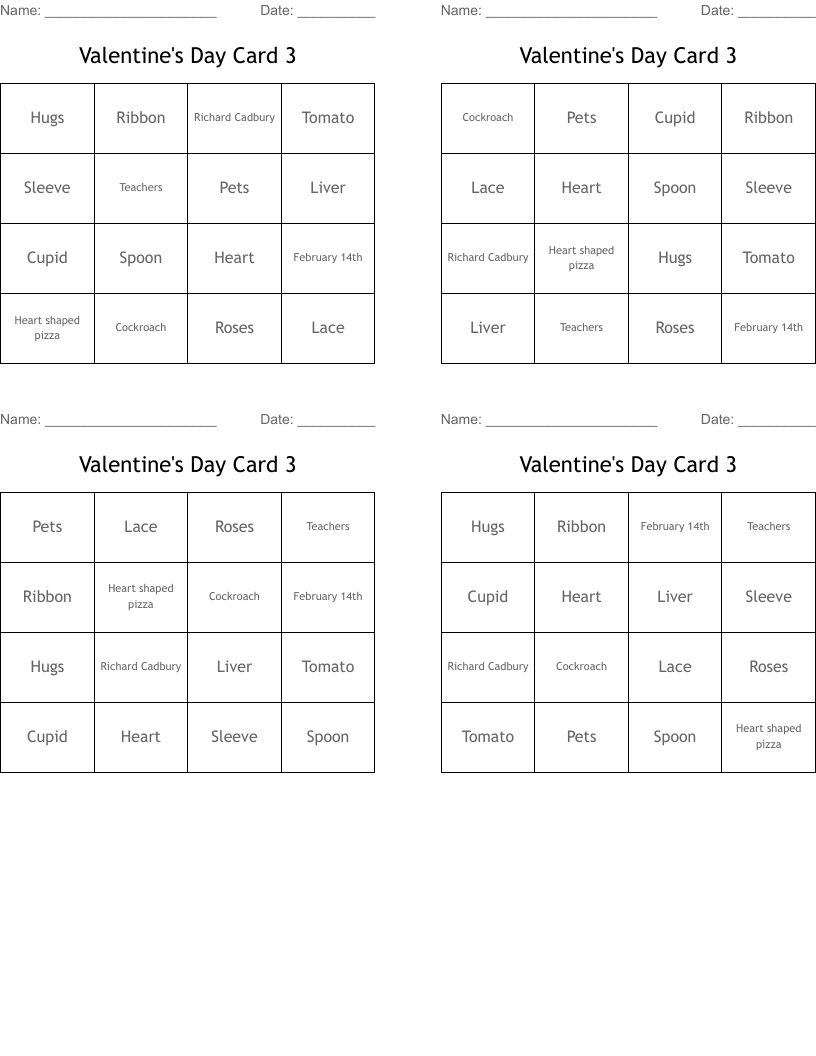 Valentine's Day Card 3 Bingo Cards
