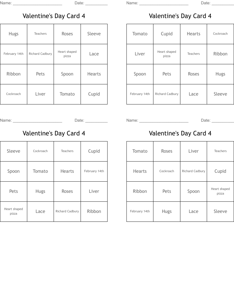 Valentine's Day Card 4 Bingo Cards