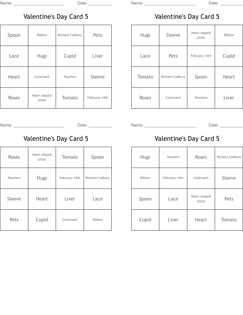 Valentine's Day Card 5 Bingo Cards