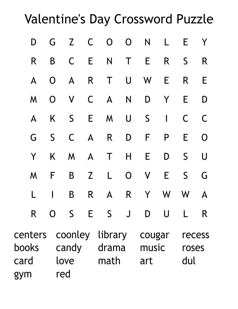 Valentine's Day Crossword Puzzle Word Search