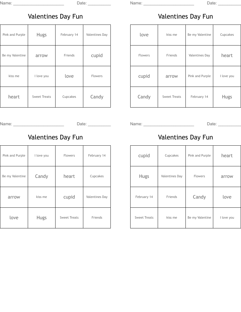 Valentines Day Fun Bingo Cards